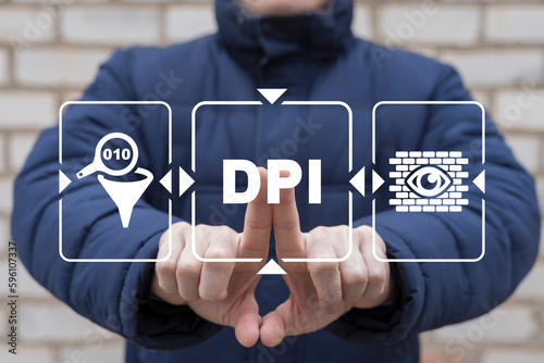 Man using virtual touch screen presses abbreviation: DPI. Concept of DPI Deep Packet Inspection Digital Data Web Control. Digital control and surveillance. photo