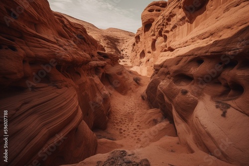 A mythical desert canyon, otherworldly vistas in terracotta hues. Generative AI