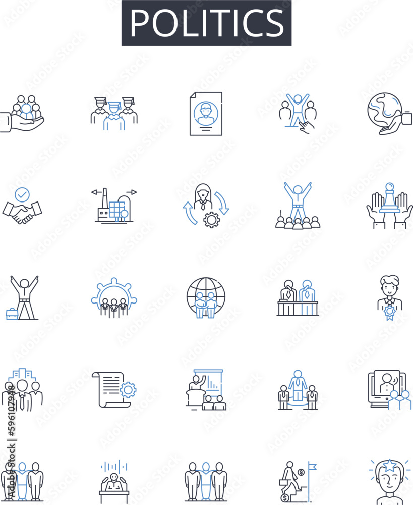 Politics line icons collection. Governmental affairs, Statecraft, Public affairs, Civic society, Political science, National interest, Public policy vector and linear illustration. Governance system