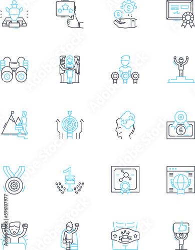 Victories and bonuses linear icons set. Triumphs, Rewards, Accomplishments, Celebrations, Honors, Achievements, Perks line vector and concept signs. Successes,Bonuses,Benefits outline illustrations