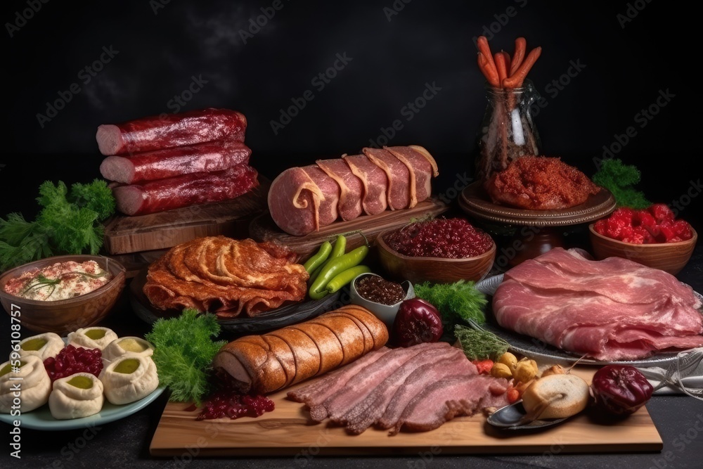 colorful cutting board filled with an array of fresh meats and vegetables. Generative AI