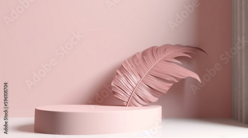 Blank light pink cement curve counter podium with texture, soft beautiful dappled sunlight, leaf shadow on white wall for luxury organic cosmetic, skincare, beauty treatment product background 3D