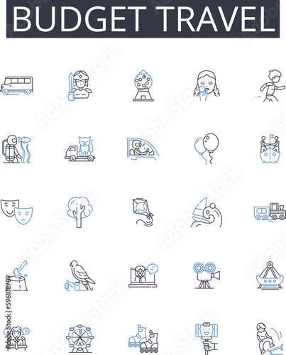 Budget travel line icons collection. Eco-tourism, Boutique hotel, Road trip, Beach vacation, Luxury retreat, Family getaway, Urban exploration vector and linear illustration. Adventure travel
