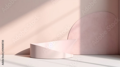Blank light pink cement curve counter podium with texture, soft beautiful dappled sunlight, leaf shadow on white wall for luxury organic cosmetic, skincare, beauty treatment product background 3D