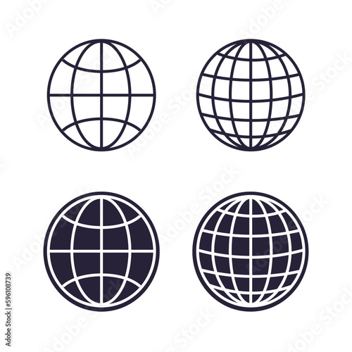 Planet map globe linear icons. Vector earth symbols globe, world globus pictograms, navigation traveler wide geography
