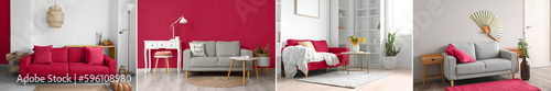 Set of modern living room interiors with stylish sofas. Viva Magenta - color of 2023 year