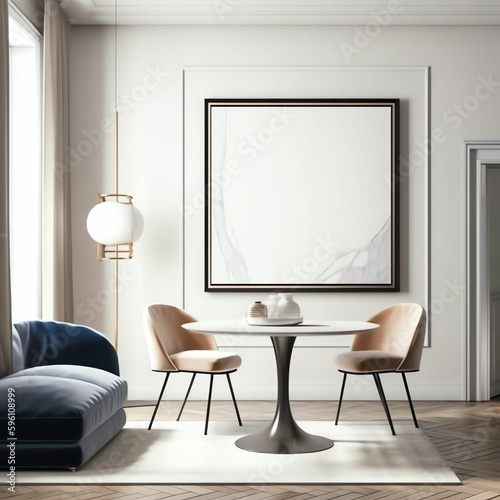 Bright Minimalist Home Interior with White Couch and Blank Posters, Minimalist Living Room with Blank Frames for Wall Art Mockup