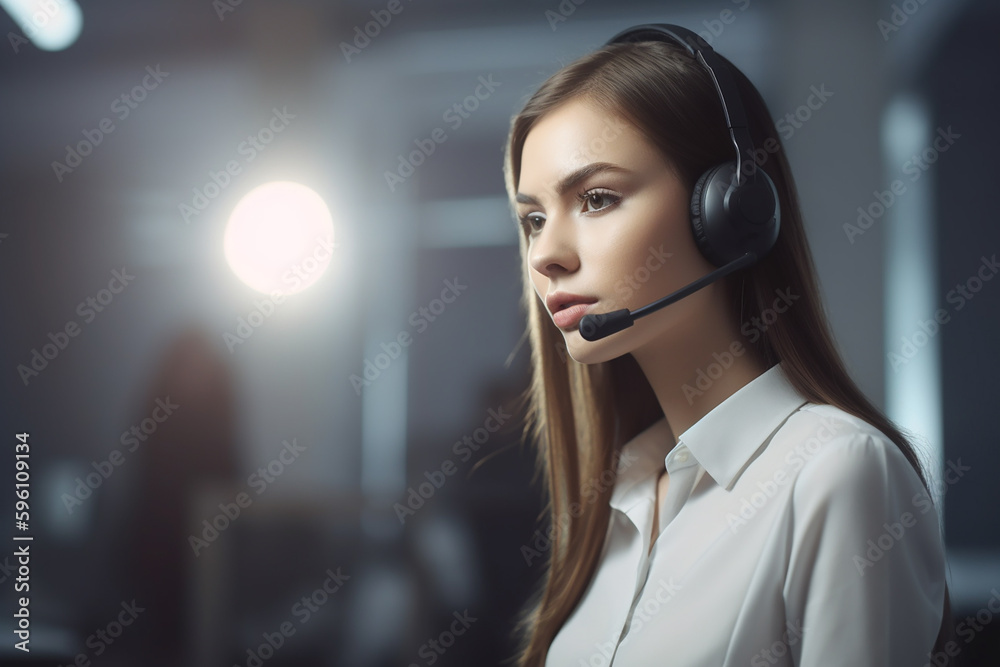 Beautiful young brunette woman working as a call-center operator, copyspace. Generative AI Beautiful young brunette woman working as a call-center operator, copyspace. Generative AI