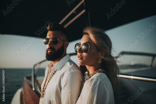 Young couple on a luxury yacht, sunset. Generative AI © lanych