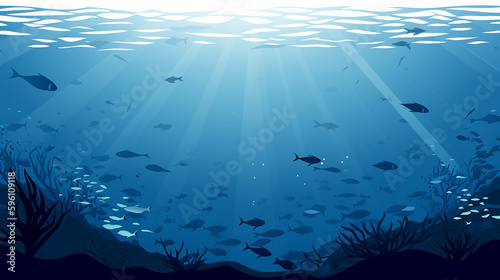Underwater world with light rays, cartoon style, banner design. Generative AI