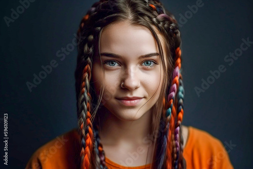 Young pretty woman with colorful braids, closeup. Generative AI