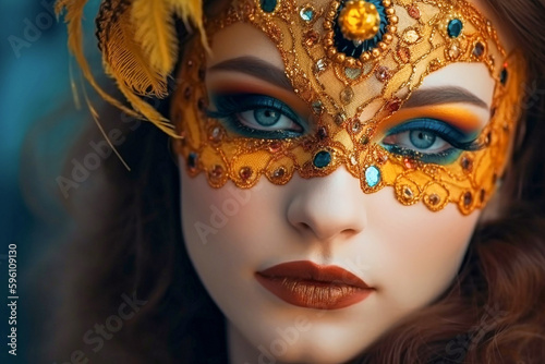 Beautiful woman in carnival mask closeup. Generative AI
