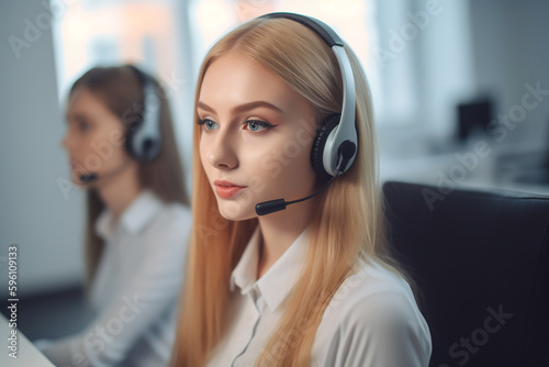 Beautiful young blond woman working as a call-center operator, closeup. Generative AI