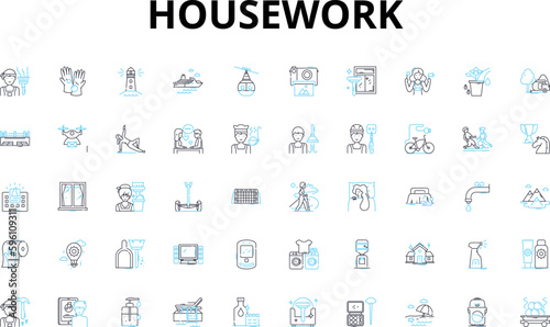 Housework linear icons set. Cleaning, Laundry, Cooking, Dishes, Mopping, Sweeping, Dusting vector symbols and line concept signs. Vacuuming,Ironing,Scrubbing illustration Generative AI