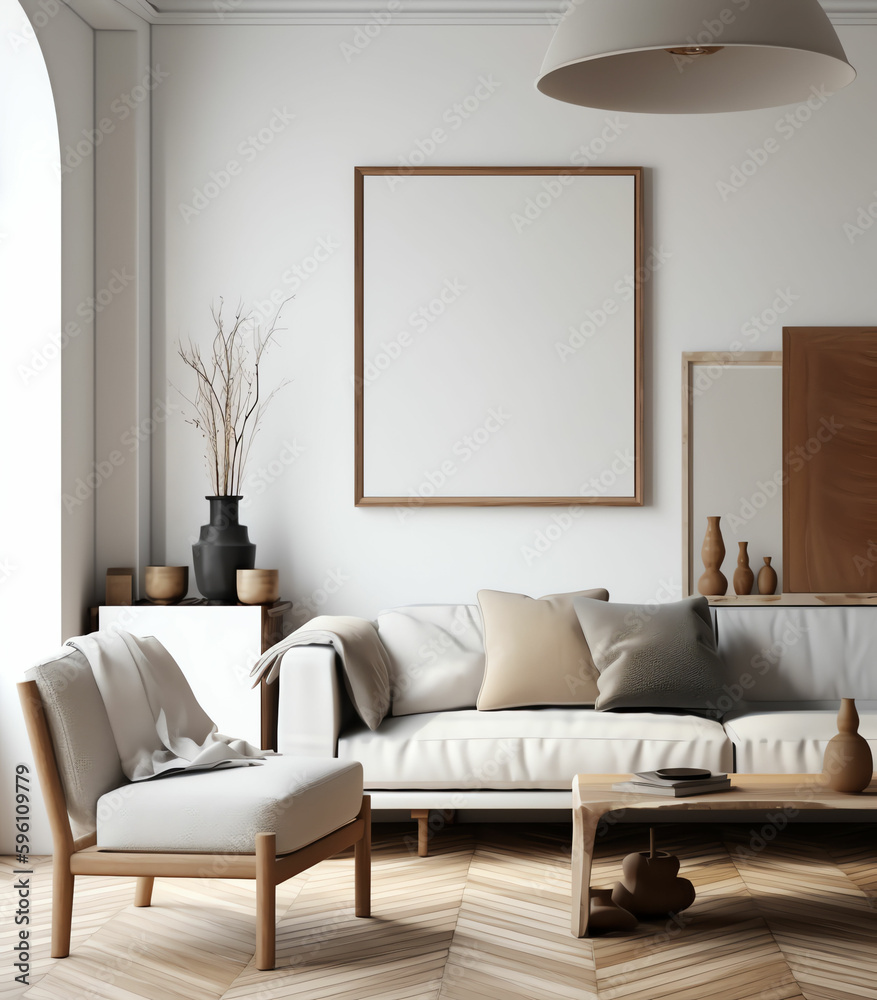 Scandinavian Style Living Room with Neutral Colors and Mockup Frames Scandinavian Style Living Room with Neutral Colors and Mockup Frames