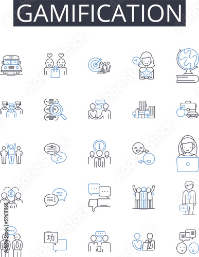 Gamification line icons collection. Skill-building, Puzzle-solving, Engagement strategy, Behavior modification, Motivational manipulation, Edutainment, Learning play vector and linear illustration