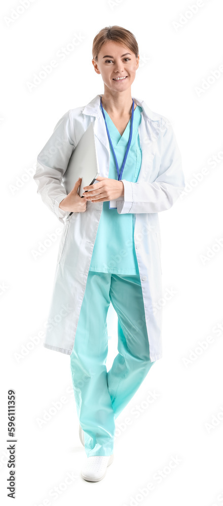 Female doctor with laptop on white background Female doctor with laptop on white background