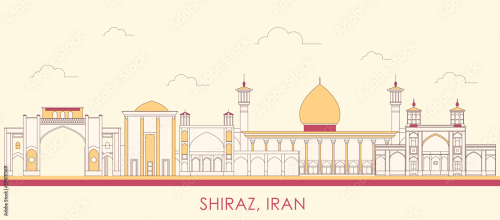 Cartoon Skyline panorama of city of Shiraz, Iran - vector illustration