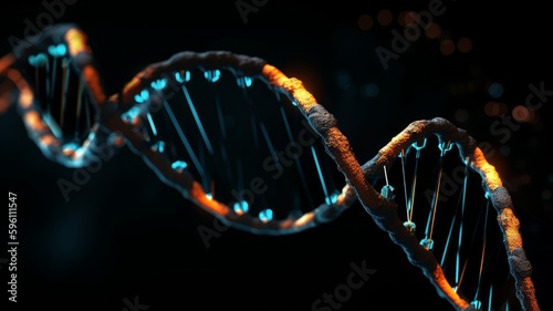DNA molecule with turquoise and orange lights. 3D model of a DNA strand with black background. Generative AI © aimpacta