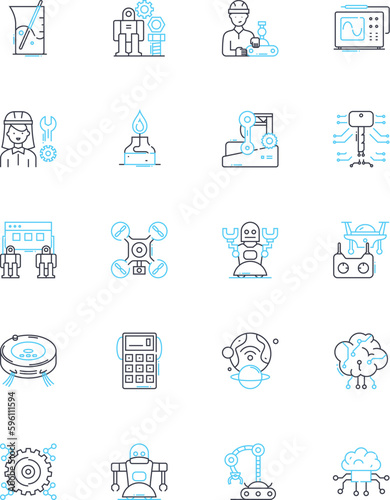 Synthetic creation linear icons set. Artificial, Constructed, Simulated, Manufactured, Engineered, Synthetic, Fabricated line vector and concept signs. Replicated,Cld,Reproduced outline Generative AI photo