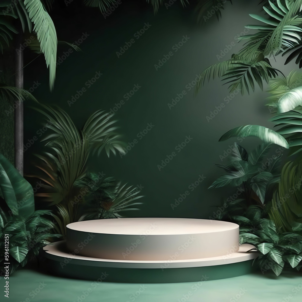Elegant Wooden Display Stand with Greenery and Soft Lighting Elegant Wooden Display Stand with Greenery and Soft Lighting