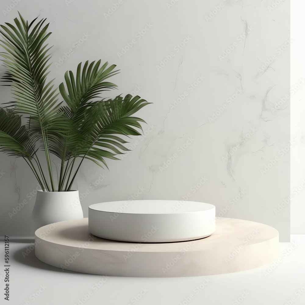 Elegant Wooden Display Stand with Greenery and Soft Lighting Elegant Wooden Display Stand with Greenery and Soft Lighting
