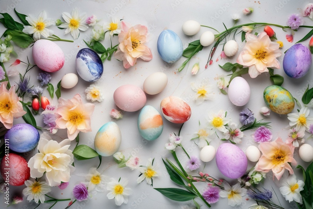 Watercolor Easter eggs and spring flowers frame in A4 size. Generative AI