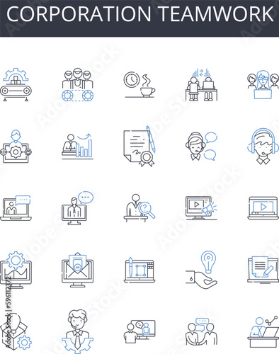 Corporation teamwork line icons collection. Partnership collaboration, Unity harmony, Alliance cooperation, Group effort, Joint venture, Mutual aid, Team effort vector and linear illustration