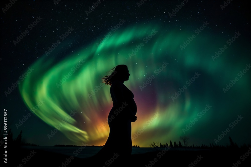 a pregnant woman stands in front of a lake, polar lights shine in the sky created with Generative AI technology