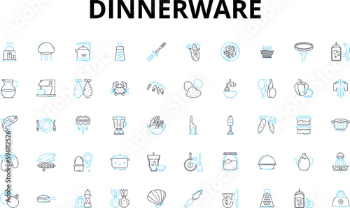 Dinnerware linear icons set. Plates, Bowls, Cups, Saucers, Mugs, Serving dishes, Chargers vector symbols and line concept signs. Coasters,Napkin rings,Platters illustration Generative AI