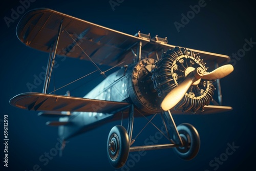 Vintage biplane model with propeller in bottom view flying on blue background, visualized in 3d rendering. Generative AI