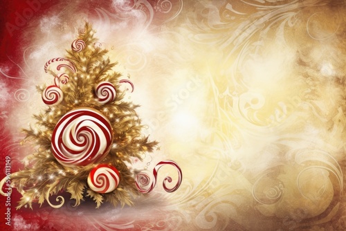 festive Christmas tree with candy canes on a vibrant red and gold background. Generative AI