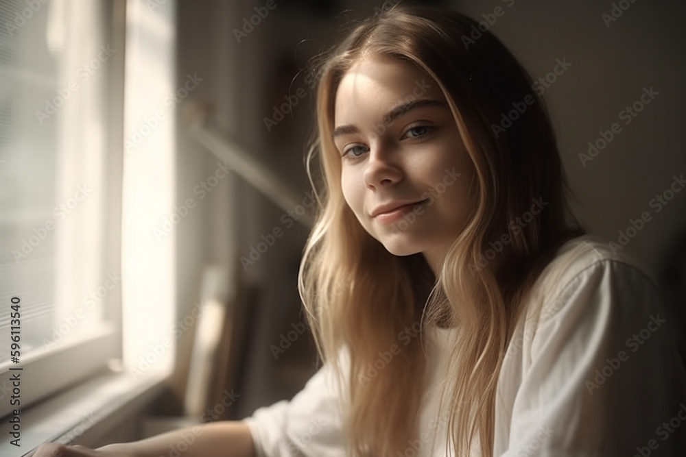young adult attractive woman or teenager sitting at a desk with paper and pen. Generative AI