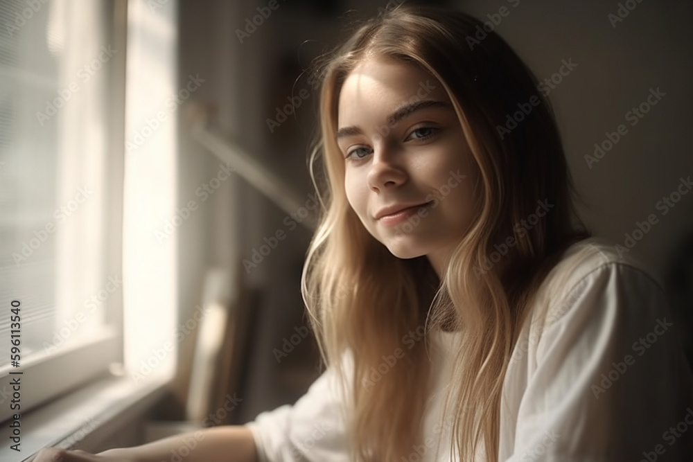 young adult attractive woman or teenager sitting at a desk with paper and pen. Generative AI young adult attractive woman or teenager sitting at a desk with paper and pen. Generative AI
