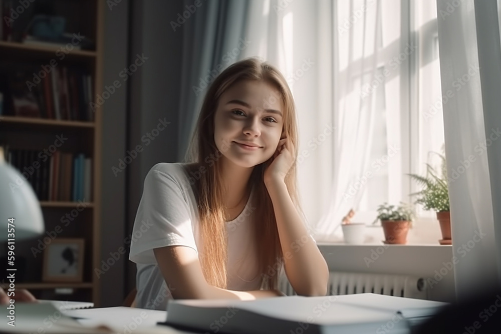 young adult attractive woman or teenager sitting at a desk with paper and pen. Generative AI young adult attractive woman or teenager sitting at a desk with paper and pen. Generative AI