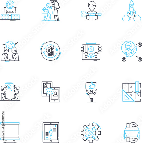 Project Planning linear icons set. Strategy, Initiative, Mission, Objectives, Scope, Budget, Schedule line vector and concept signs. Timeline,Resource,Task outline illustrations Generative AI photo