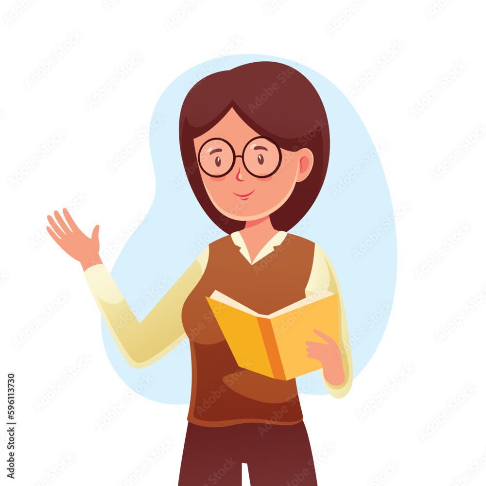 A woman with glasses reading a book and holding her hand up