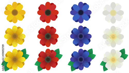 Beautiful simple flower collection with leafs, sunflower, poppy, water lily for spring season as graphic elements and decorations