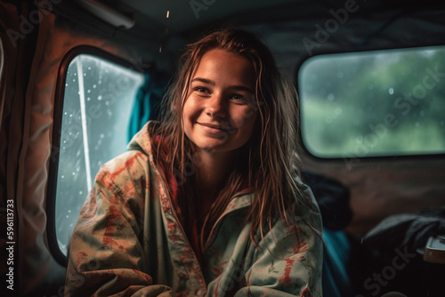 young adult attractive woman sitting in caravan on travel, fictional location. Generative AI