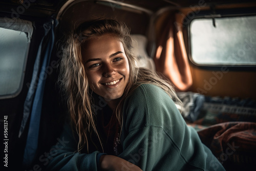 young adult attractive woman sitting in caravan on travel, fictional location. Generative AI