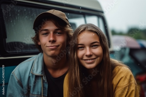 young adult attractive woman and man sitting in caravan on travel, fictional location. Generative AI © wetzkaz