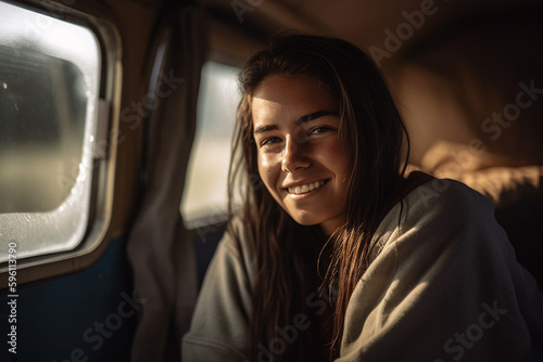 young adult attractive woman sitting in caravan on travel, fictional location. Generative AI © wetzkaz