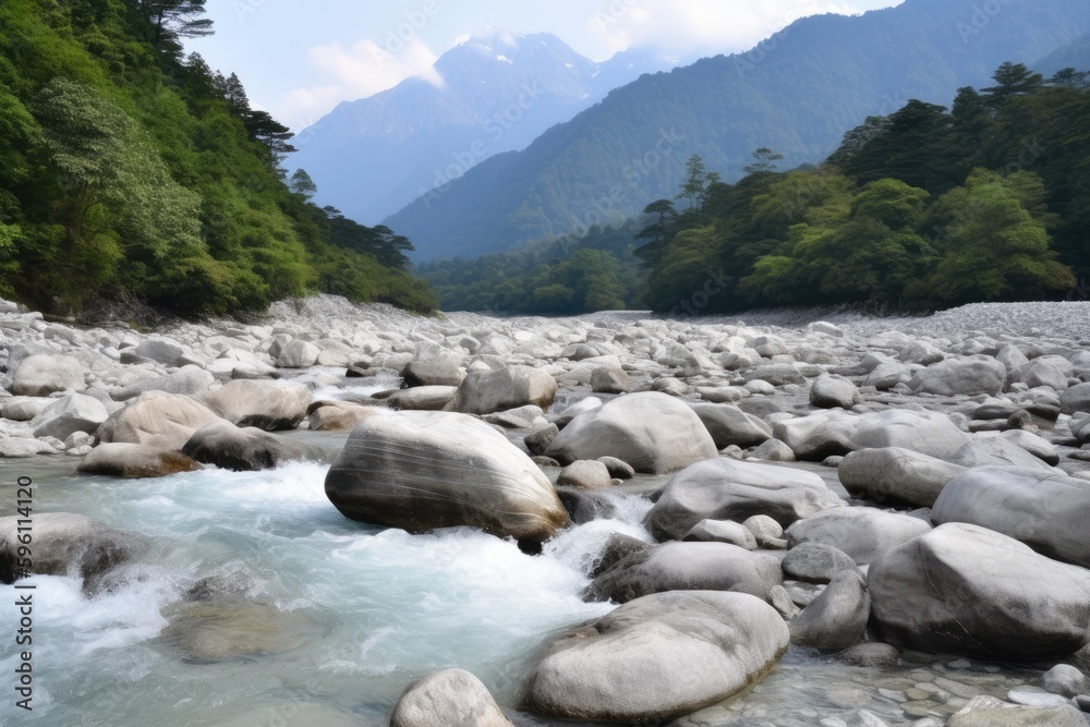 serene river flowing through a dense green forest. Generative AI serene river flowing through a dense green forest. Generative AI