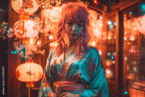 full body torso of beautiful smiling woman cosplay anime style, beautiful feminine pose anime aesthetic with bokeh and neon. Generative AI