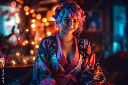 full body torso of beautiful smiling woman cosplay anime style, beautiful feminine pose anime aesthetic with bokeh and neon. Generative AI