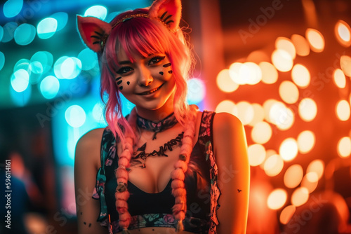 full body torso of beautiful smiling woman cosplay anime style, beautiful feminine pose anime aesthetic with bokeh and neon. Generative AI