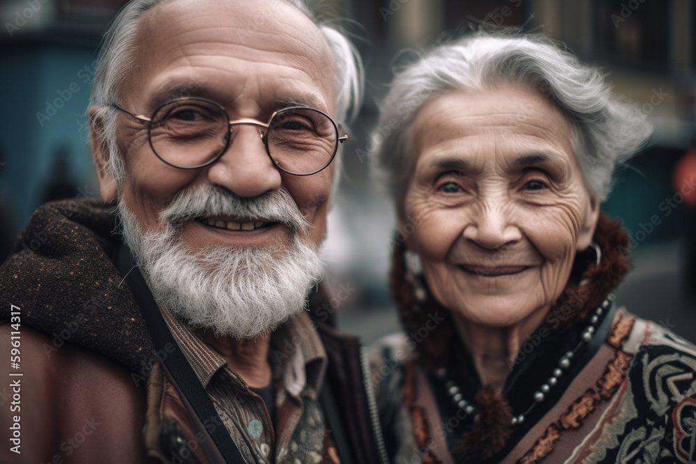 elderly mature woman and man closeup smiling happy. Generative AI