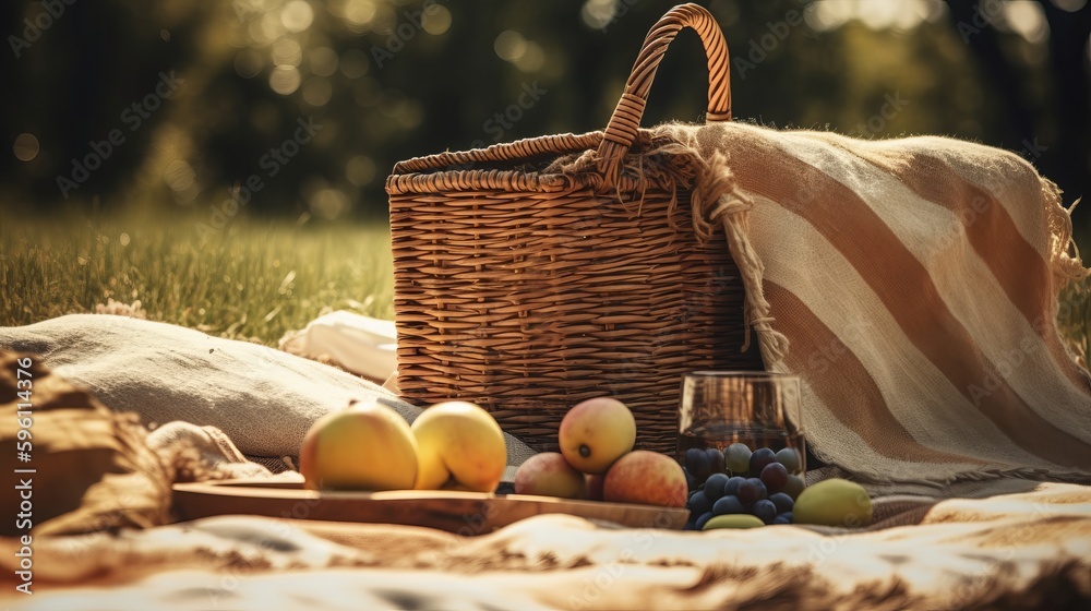 Outdoor picnic and relaxing with food and fruits. AI generated Outdoor picnic and relaxing with food and fruits. AI generated