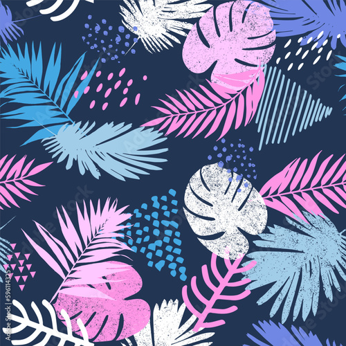 Fashion tropics funny wallpapers. Seamless pattern with leaf on blue background.