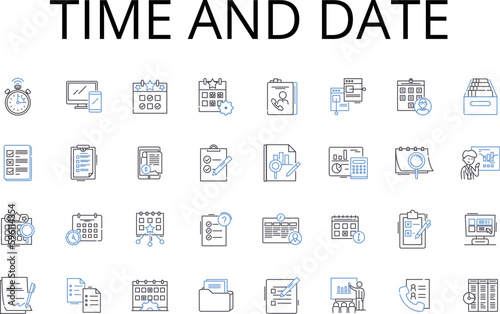 Time and date line icons collection. Duration, Length, Interval, Period, Age, Moment, Hour vector and linear illustration. Minute,Second,Calendar outline signs set